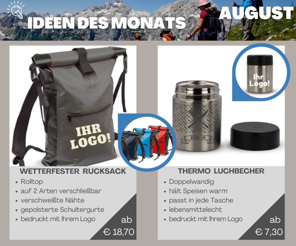 Ideen des Monats August 2022: Wetterfester Rucksack und Thermo-Lunchbecher